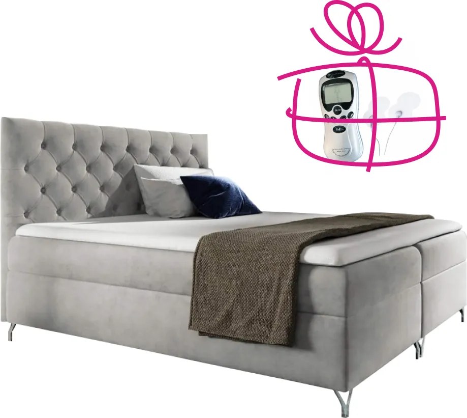 Boxspring ágy, 120x200, világosszürke Velvet szövet, GULIETTE + ajándék
