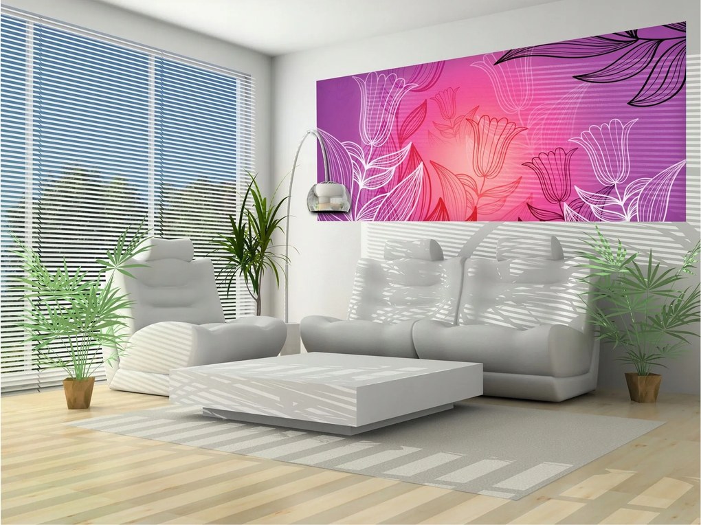 Fotótapéta Tulipánok színátmenetes rózsaszín és vonalak rózsaszín alapon 250x104 +ragasztó