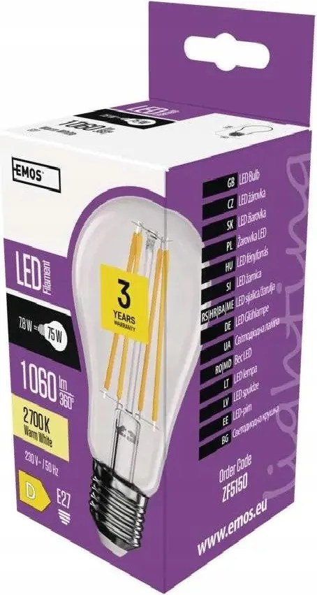 Led izzó Filament A60 E27 7,8W 1060lm meleg fehér ZF5150 Emos