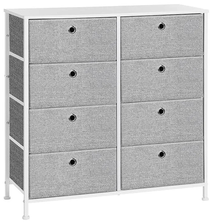 Komód, tárolóegység 8 könnyen kihúzható textilfiókkal, világosszürke és fehér színben