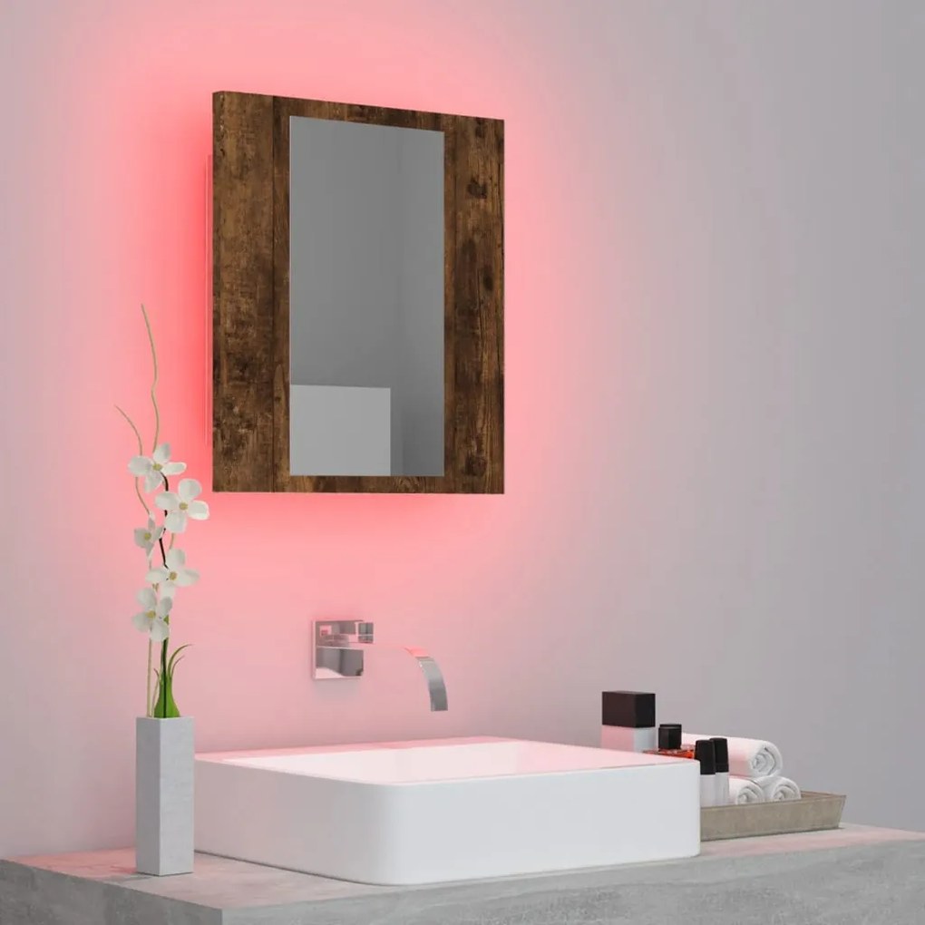 füstöstölgy színű szerelt fa LED-es tükrös szekrény 40x12x45 cm