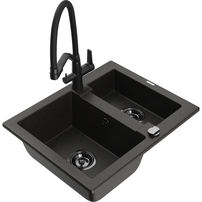 Mexen Carlos 1,5 kamrás gránit mosogató Duo konyhai csapteleppel, fekete/aranyló metál - 6518-75-671701-70-B