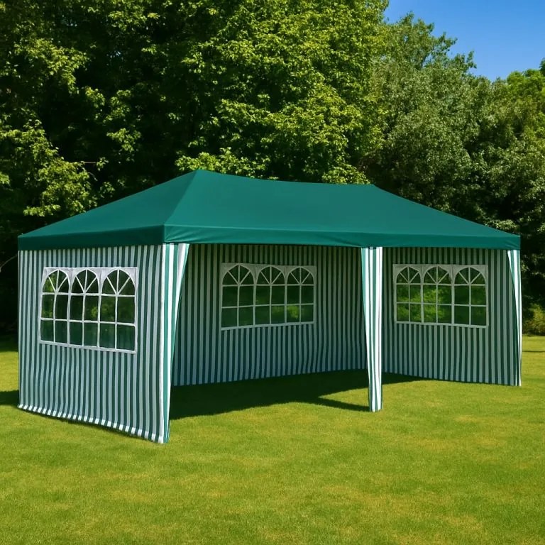 Kerti sátor ablakokkal és zárható falakkal 3×6 m zöld