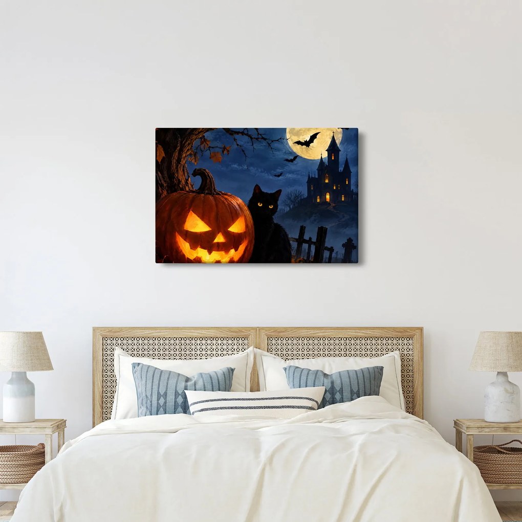Kép - Fekete macska egy világító halloweeni tök mellett (90x60 cm)