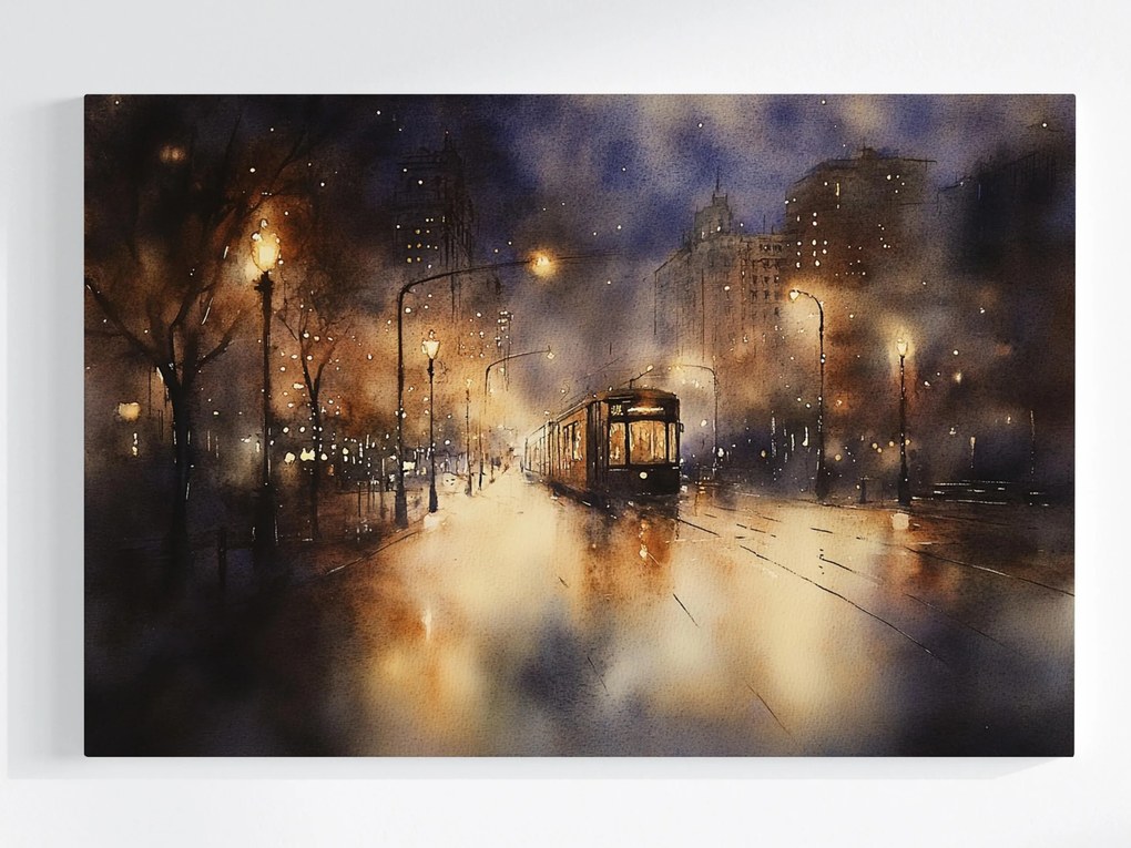 Vászonkép Canvas Villamos Város Fények Éjszaka Lámpák Akvarell 60x40