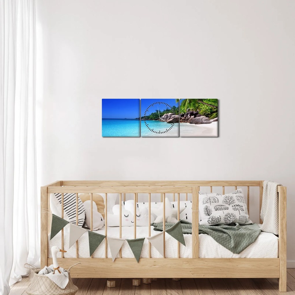 Kép a strandról a Praslin szigeten (órával) (90x30 cm)