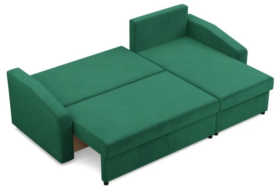 Zeus sarokkanapé, 2 ágyneműtartóval, döntött kartámasz, bársony, univerzális oldal, bonell töltet, zöld