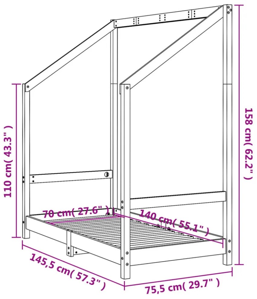 fekete tömör fenyőfa gyerekágykeret 70 x 140 cm