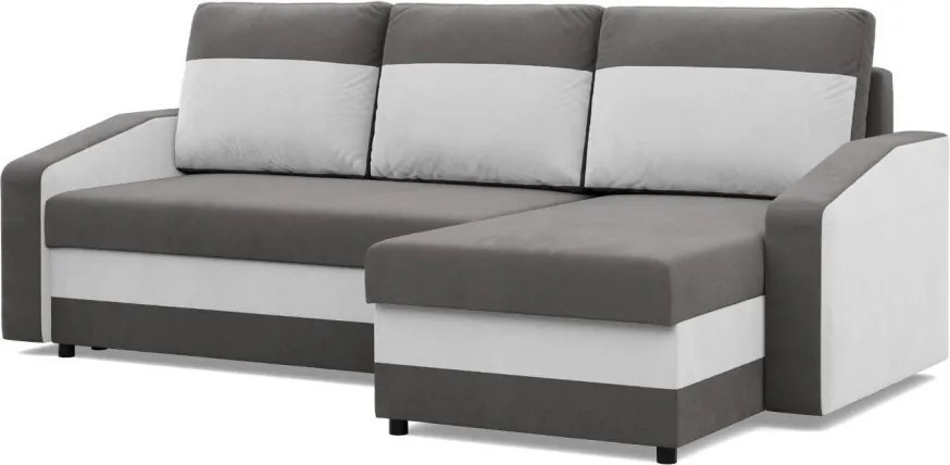 Hewlet sarokkanapé, 1 ágyneműtartóval, szövet anyag, univerzális oldal, bonell töltet, szürke - fehér