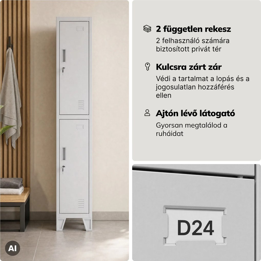 Öltözőszekrény fém munkahelyi mély 2 ajtós szürke, 292x1720x600 mm: BARTEK 1 Plus D600