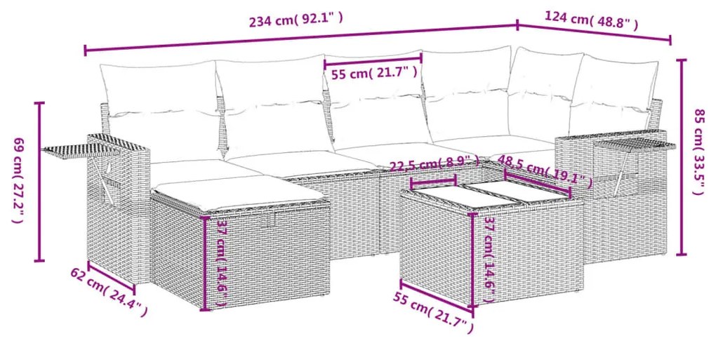 7 részes vegyes bézs polyrattan kerti ülőgarnitúra párnákkal