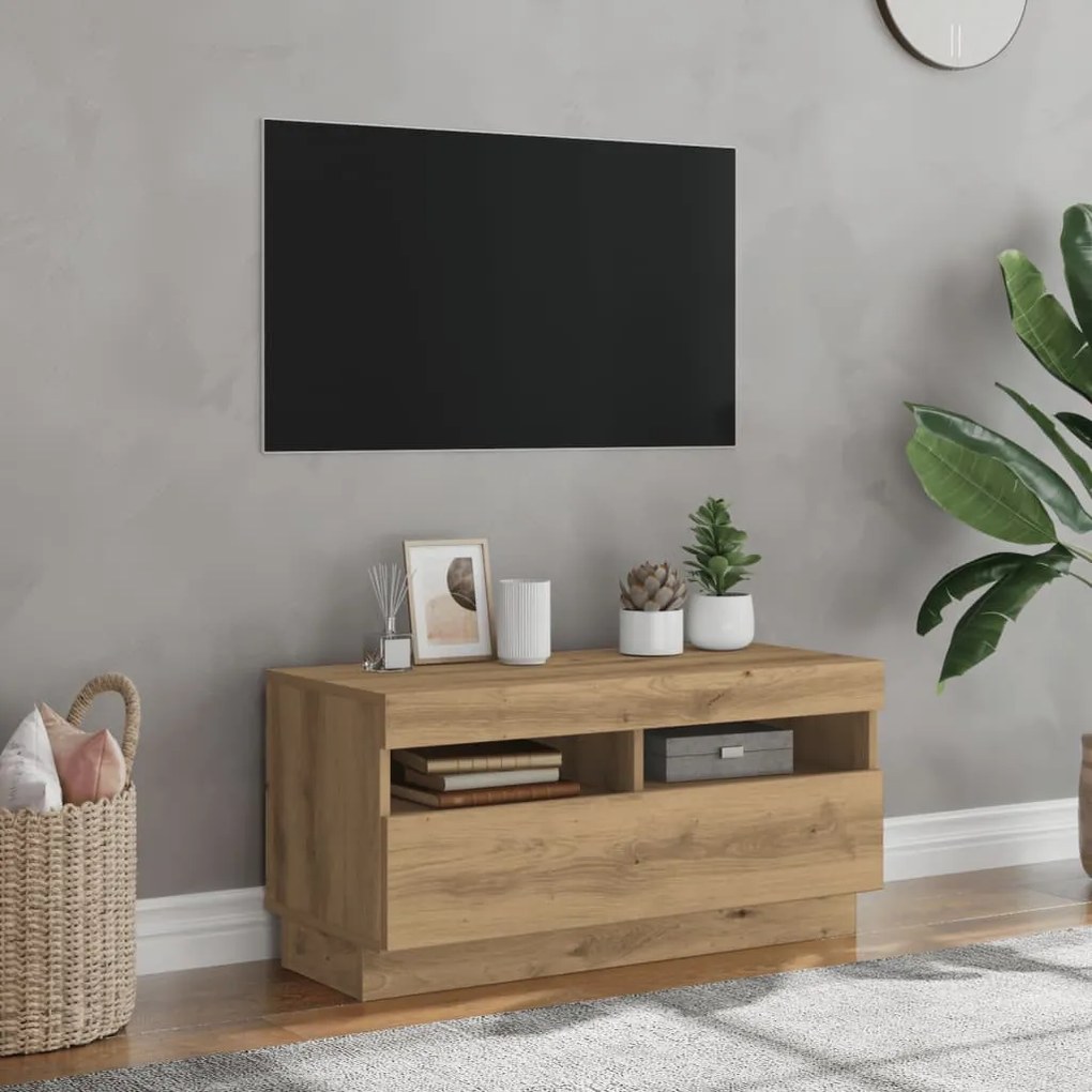 kézműves tölgyszínű szerelt fa TV-szekrény LED-ekkel 80x35x40cm