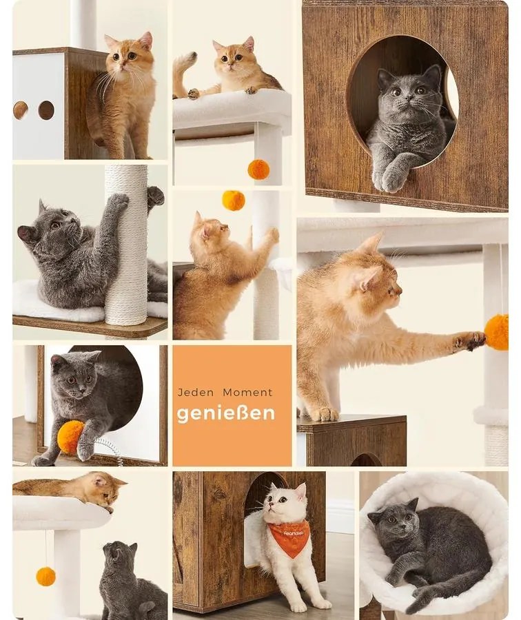 Macska kaparó, 185 cm magas macska kaparóoszlop alomdobozzal, rusztikus barna