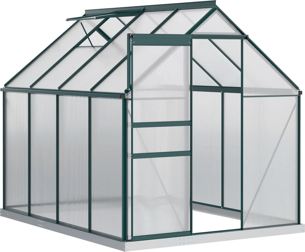 Outsunny Polikarbonát Kerti Üvegház 190x253x199cm, Nyitható Ablakkal és Csúszó Ajtóval, Alumínium Vázszerkezettel, Zöld | Aosom