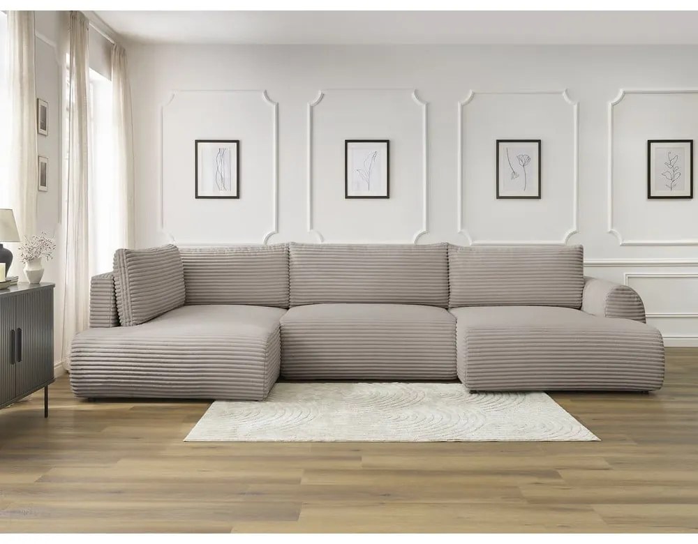 Világosszürkésbézs kordbársony kinyitható sarokkanapé (jobb oldali-U alakú) Lucien – Bobochic Paris