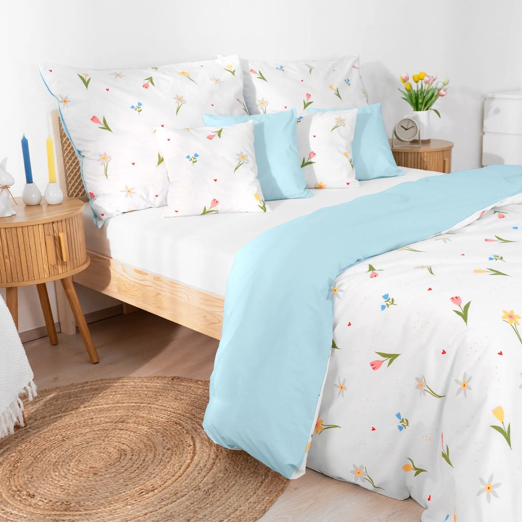 Goldea pamut ágyneműhuzat duo - virágos kert, égszínkék színű hátoldal 200 x 200 és 2db 70 x 90 cm