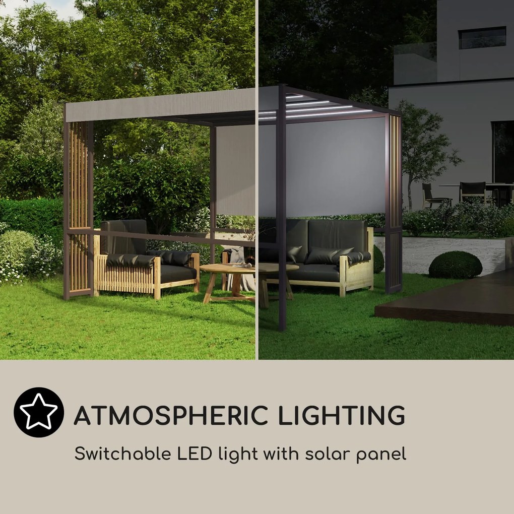 Valence, pavilon, 3 x 3 m, UV50+, vízlepergető, napelemes LED világítás, napelem