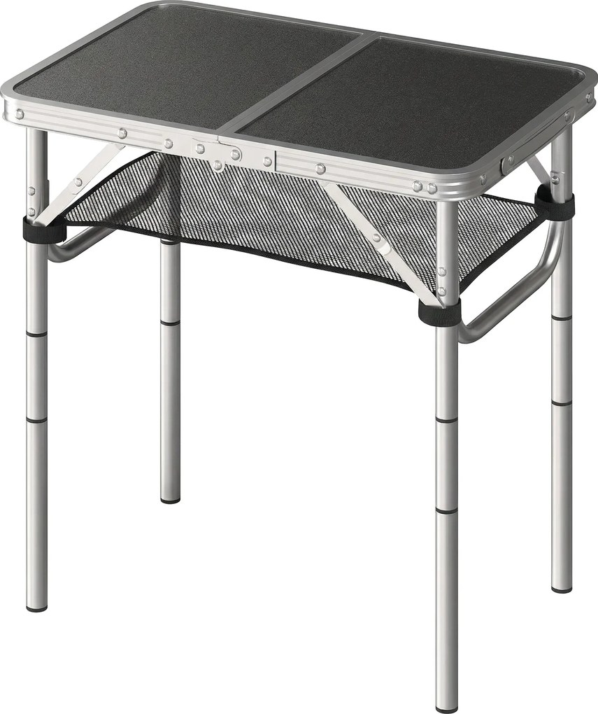 Outsunny összecsukható alumínium kempingasztal, téglalap alakú, 60 x 40 x 60 cm, hordozófogantyú, 4 állítható magasság, hálós tároló — fekete | Aosom