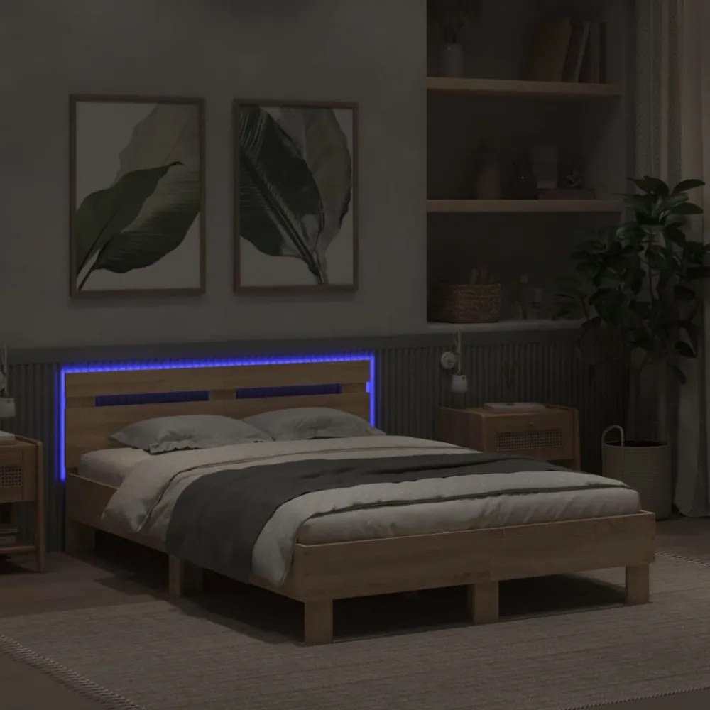sonoma tölgy színű ágykeret fejtámlával és LED-del 135x190 cm