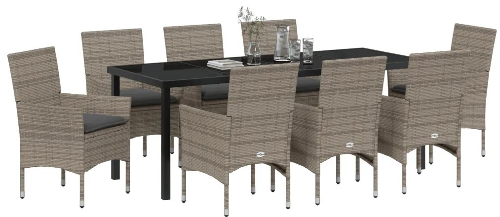9 Fős Kerti Étkezőgarnitúra Párnákkal Szürke Poli Rattan, Kerti Asztal Fekete 200x80x73 cm Edzett Üveg