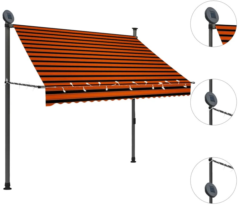 Narancssárga-barna kézzel feltekerhető LED-es napellenző 200 cm