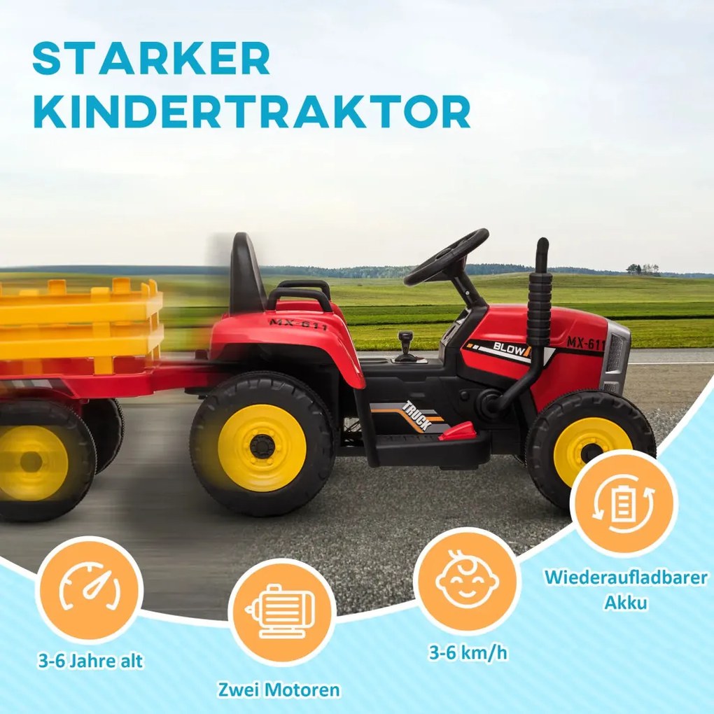 HOMCOM Elektromos gyerekautó, gyerek traktor, szülői távirányítóval, max. 6 km/h sebesség; piros-fekete