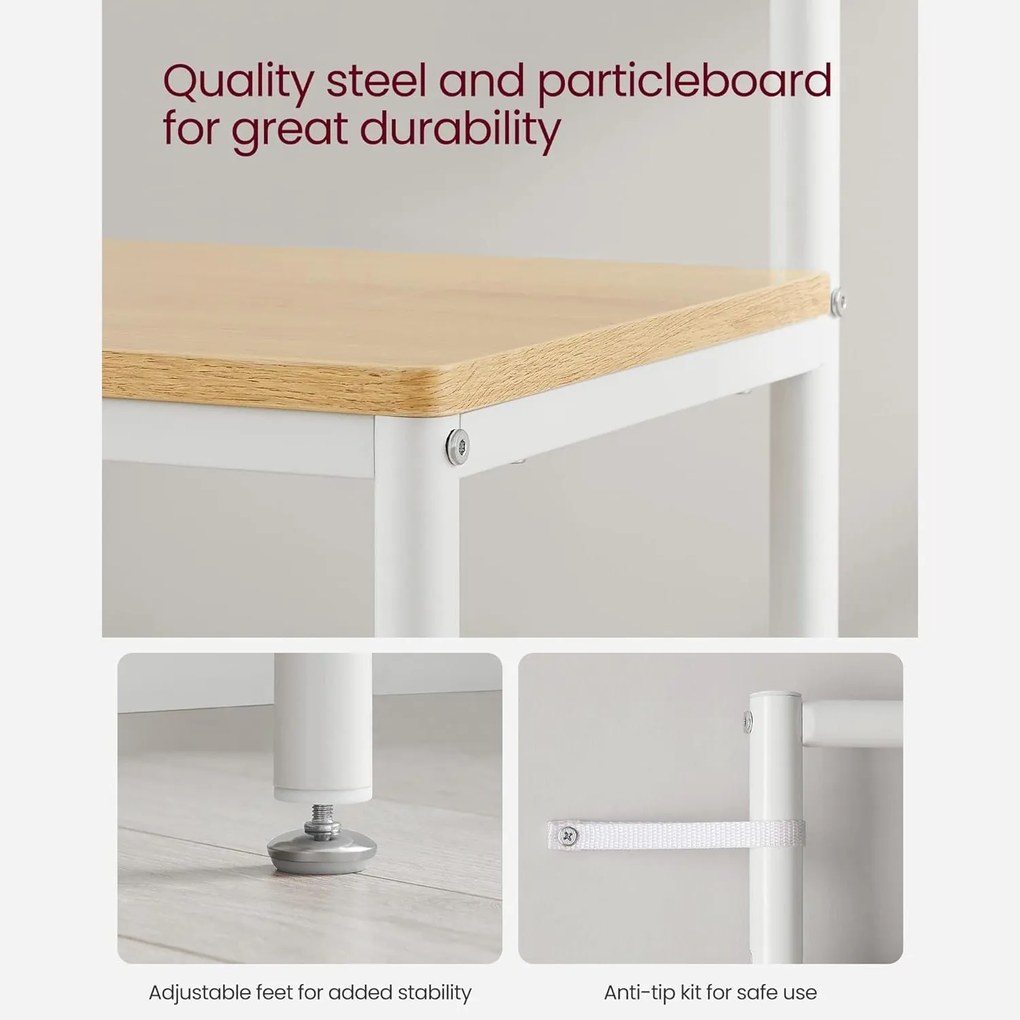 Kabáttartó állvány cipőtárolóval, előszobafal tükörrel és cipőspolcokkal 35x98x180 cm, tölgy színű és fehér