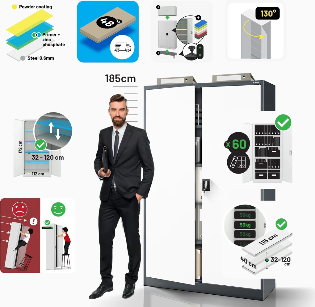 Fém iratszekrény JAN II, 1150 x 1850 x 400 mm, antracit-fehér