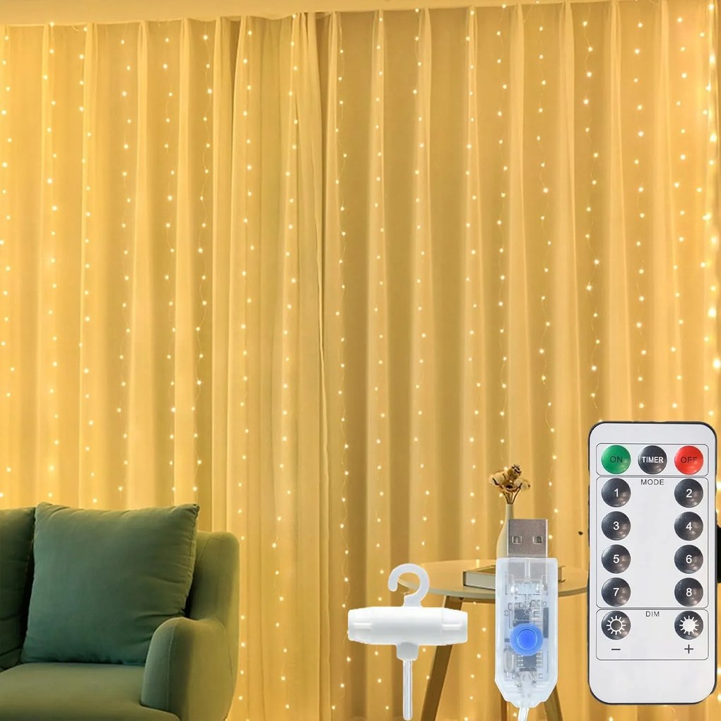 Fényfüggöny 300LED Karácsonyfa Lámpák Meleg Fehér Ablakra 3x3m Usb