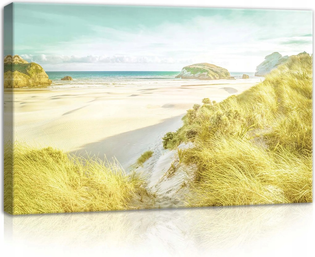 Vászonkép 60x40 Tengerpart homokdűnék sziklák lakatlan nyugalom fény