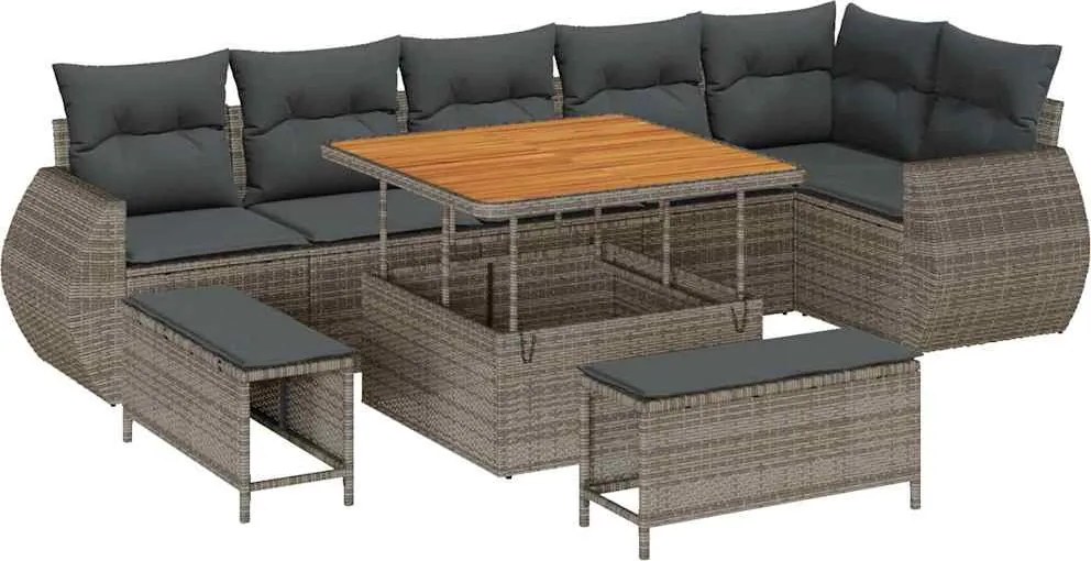 vidaXL Kerti Kanapé Szett párnával tárolóval 9 pcs Szürke Poly Rattan