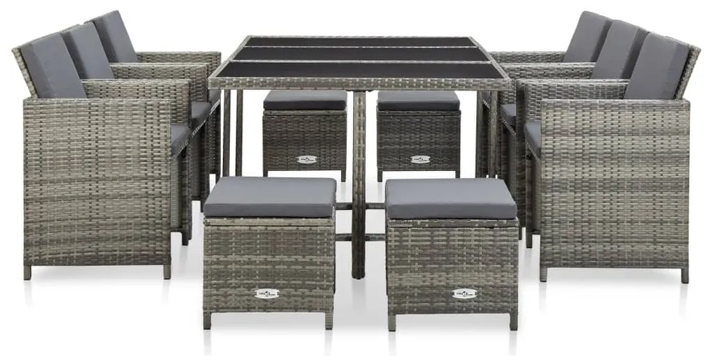 vidaXL 11 részes szürke polyrattan kültéri étkezőszett párnákkal