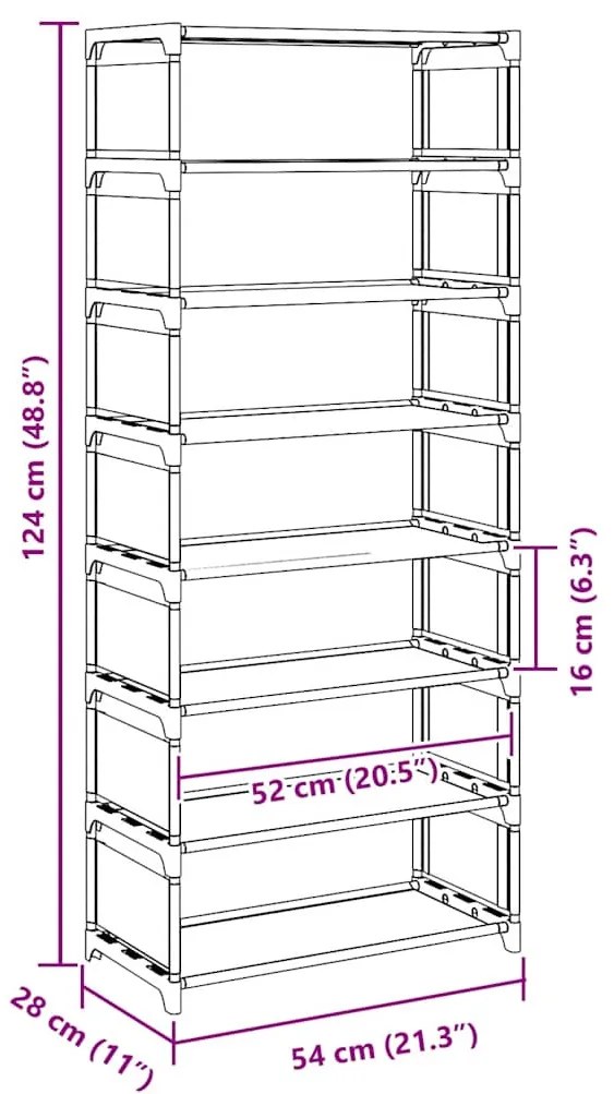 fekete nem szőtt szövetből cipőállvány 8 szintes 54x28x124 cm