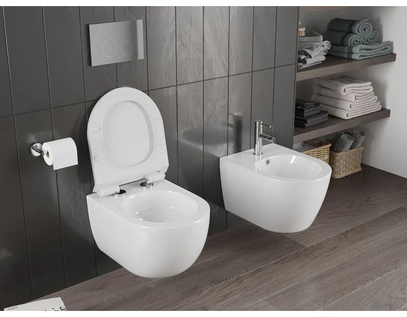 Mexen Carmen, falra akasztható wc csésze 490x365x340 mm, Perem nélküli Tornado + duroplast wc ülőke, fényes fehér, 30880100T