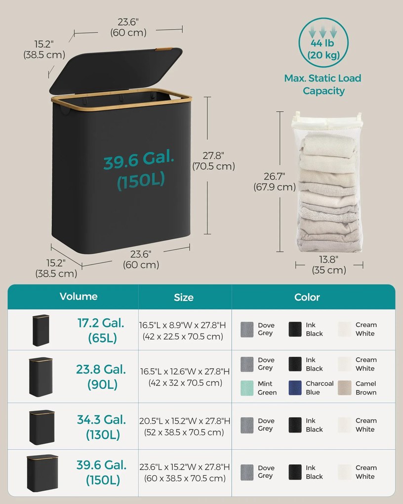 Fedeles, 3 rekeszes mosókosár, 150L, levehető bélés, összecsukható, fekete