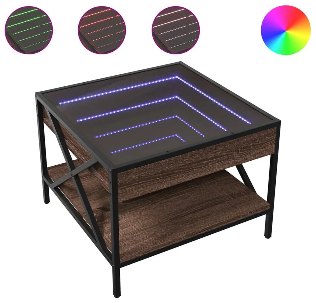 Barna tölgy végtelen hatású LED-es dohányzóasztal 50x50x38 cm