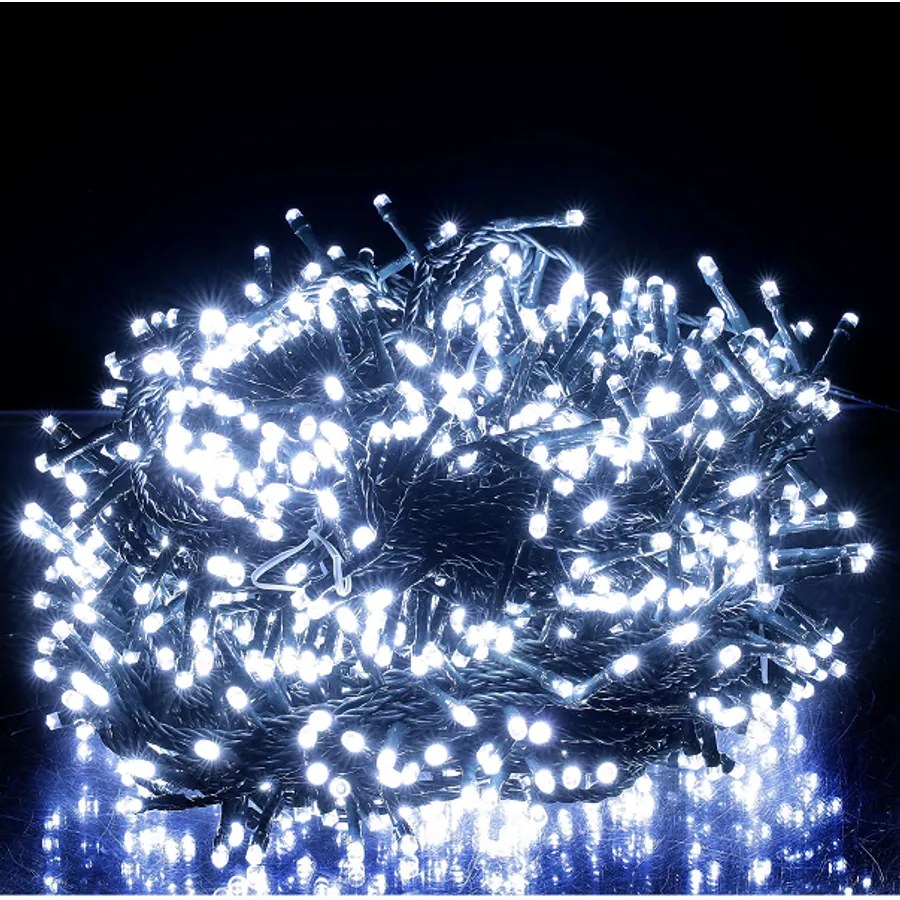 20 m-es 1000 LED-es BOA fényfüzér, kültéri-beltéri hálózati adapteres ,időzíthető 6/18 órás, 8 féle fényjátékkal, hideg fehér, IP44