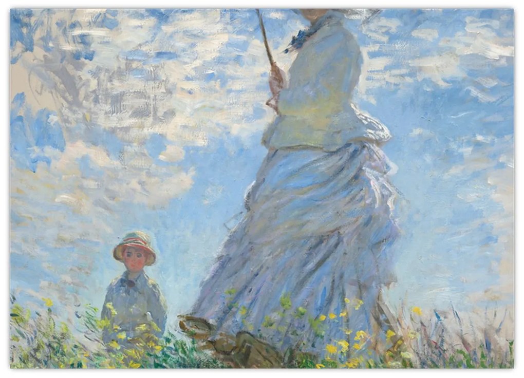 Üveg kép - Claude Monet, Woman with a Parasol - Madame Monet and Her Son, reprodukciók (70x50 cm)