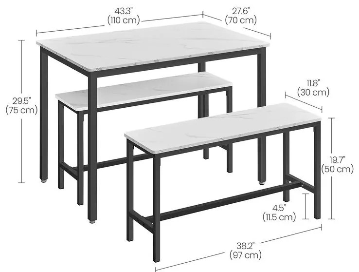 VASAGLE étkezőasztal szett 4 fő részére, konyhaasztal 2 paddal, márványfehér és tintafekete színben