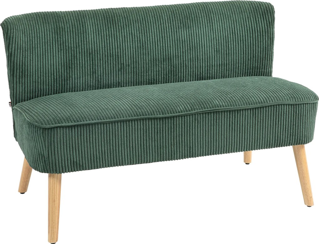 HOMCOM Modern Zöld Kárpitozott Kanapé 2 Személyes Karfa Nélkül, Kordbársony Hatás, Kis Nappali Kanapé Fából Készült Lábakkal, 117 x 56,5 x 77 cm | Aos