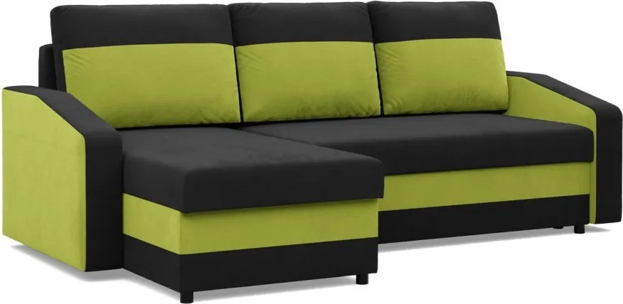 Hewlet sarokkanapé, 2 ágyneműtartóval, szövet anyag, univerzális oldal, bonell töltet, fekete - zöld