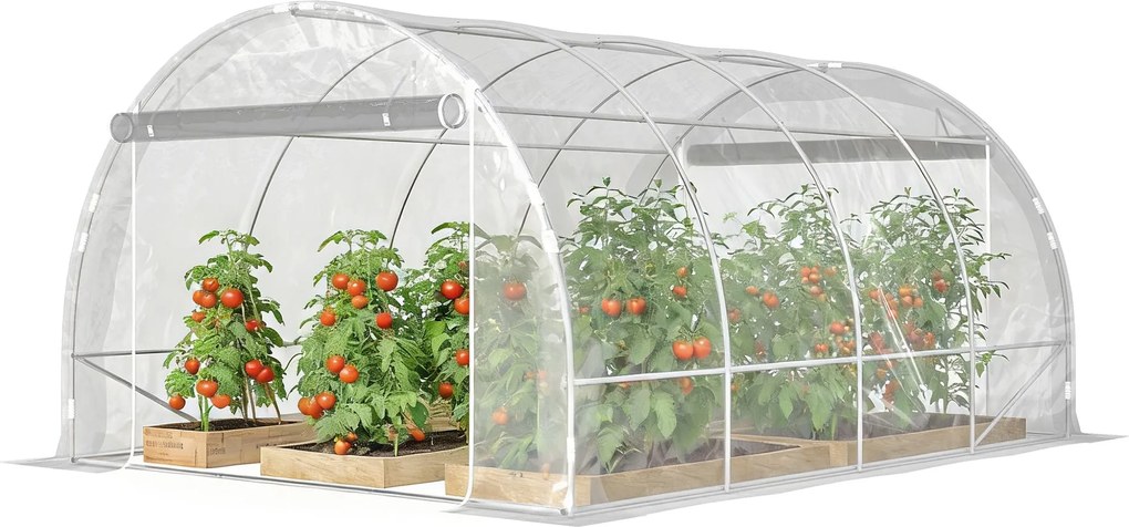 Outsunny 3×4×2 m alagút üvegház 2 feltekerhető ajtóval — acélváz, UV-álló PE takaró, 4 átlós merevítő, átlátszó | Aosom