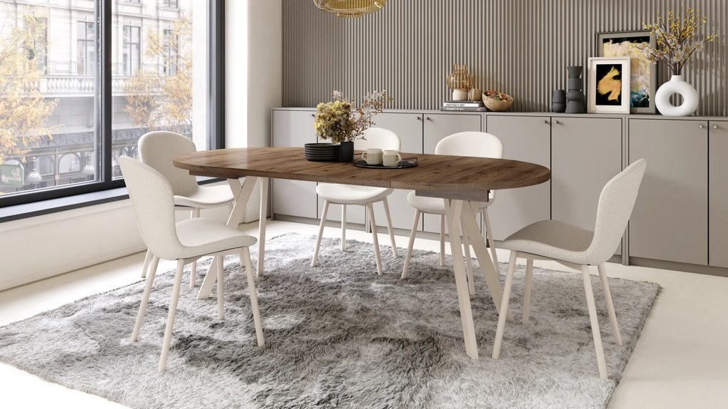 Mazzoni ALDO Elegáns Dió/bézs lábak - BŐVÍTHETŐ KEREK ASZTAL Y ALAKÚ LÁBAKKAL LOFT/IPARI STÍLUSÚ NAPPALIBA/ÉTKEZŐBE