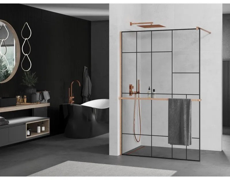 Mexen Kioto+, Walk-In zuhanyparaván polccal és akasztóval 110 x 200 cm, 8 mm átlátszó üveg fekete mintás, réz matt profil, 800-110-121-65-78