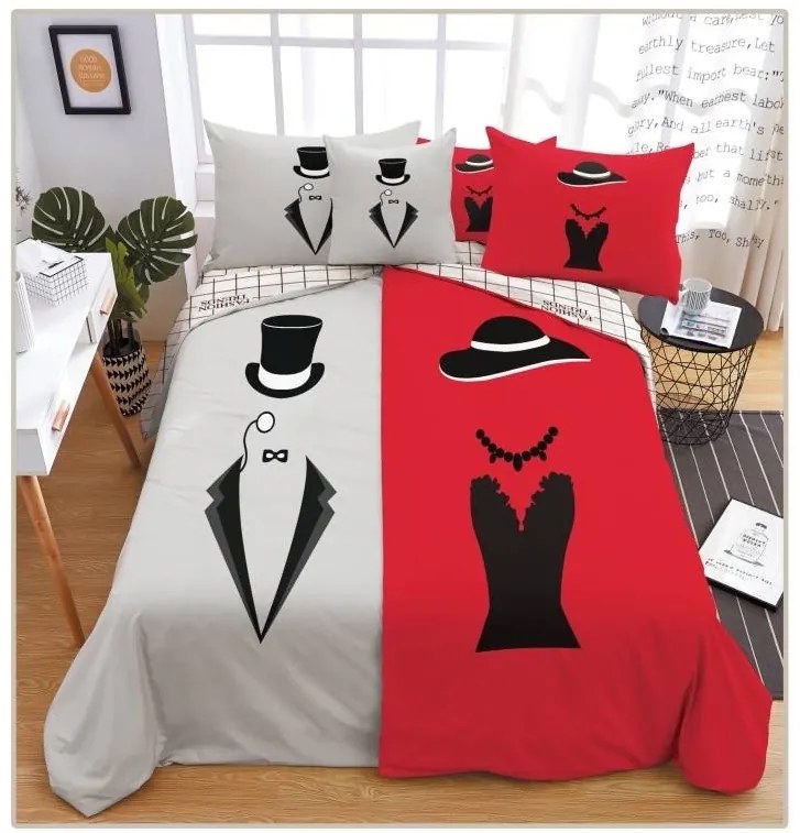 QUEEN ÉS KING DRESS SZÜRKE-VÖRÖS fotó ágynemű 140x200 cm 6 szett csomag Ágynemű mérete: 140x200 cm, A csomag tartalma: 6 Készletcsomagolás