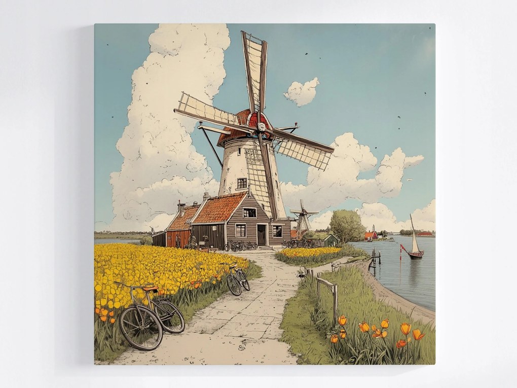 Poszter Tájkép Hollandia Falu Szélmalom Kerékpár Tulipán 80x80