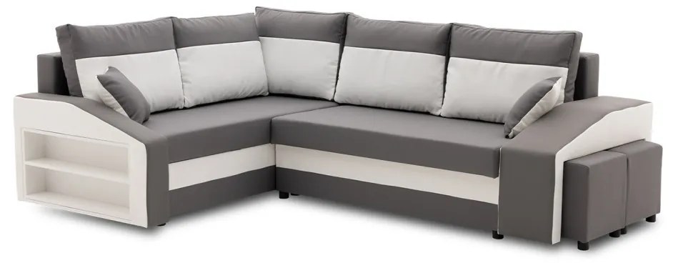Grande sarokkanapé polcokkal és puffokkal , polc a bal karfaban puffok a jobb karfaban, baloldali, szövet anyag, hab töltet, szürke - fehér