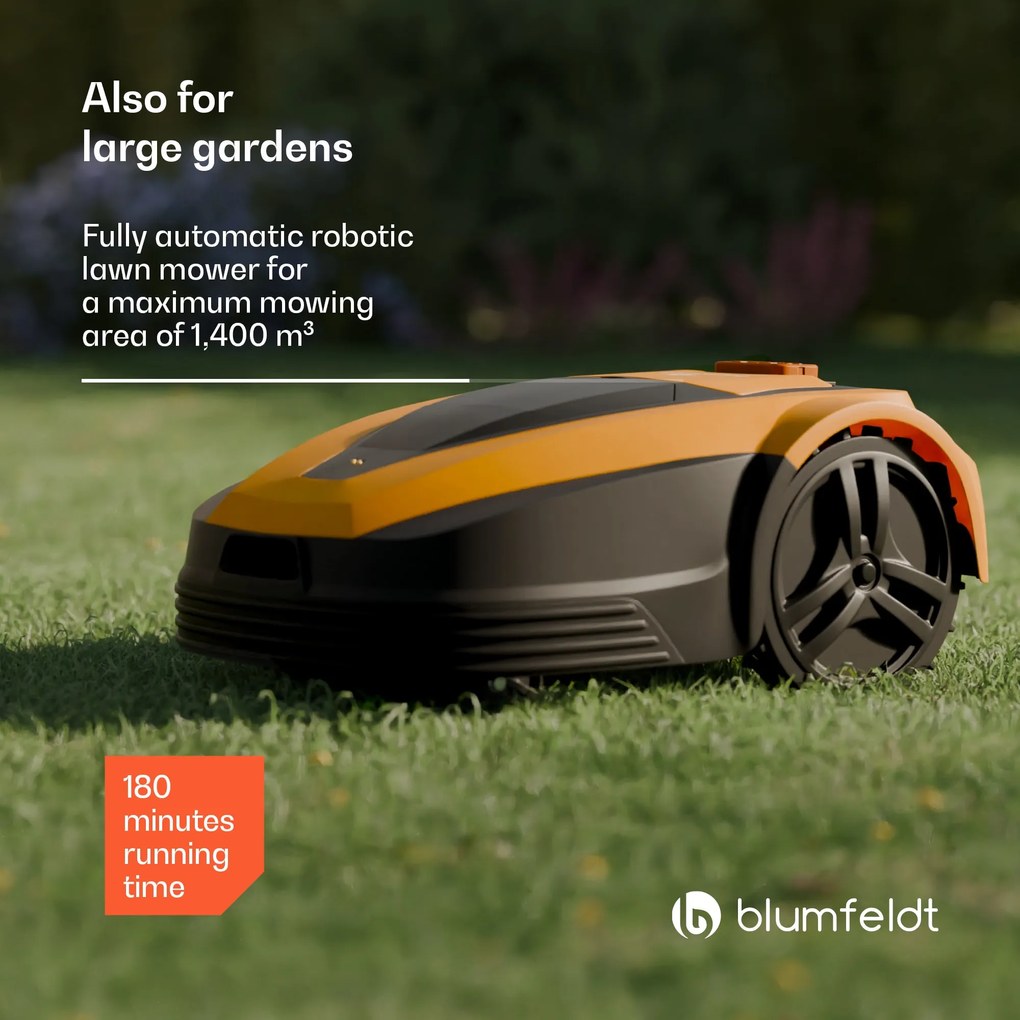 Blumfeldt Garden Hero, intelligens robotfűnyíró 1400 m²-ig terjedő gyepfelületre, üzemidő 3 óra, ütközésgátló érzékelő