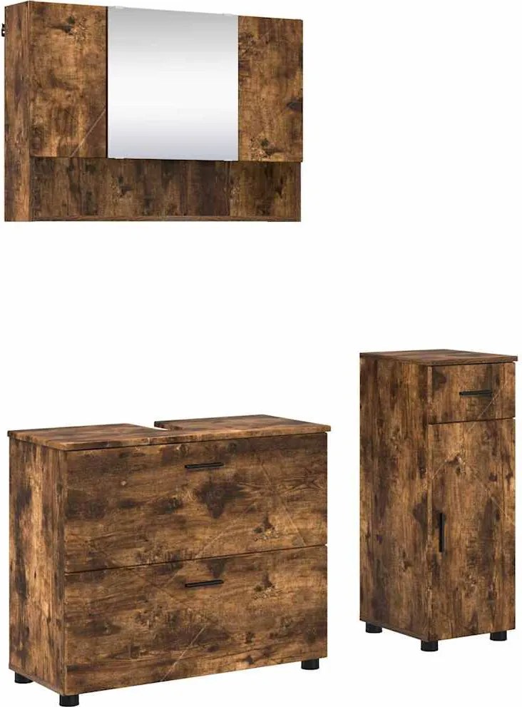 vidaXL Fürdőszoba bútor szett 3 pcs Füstölt tölgy Mérnöki fa és fém