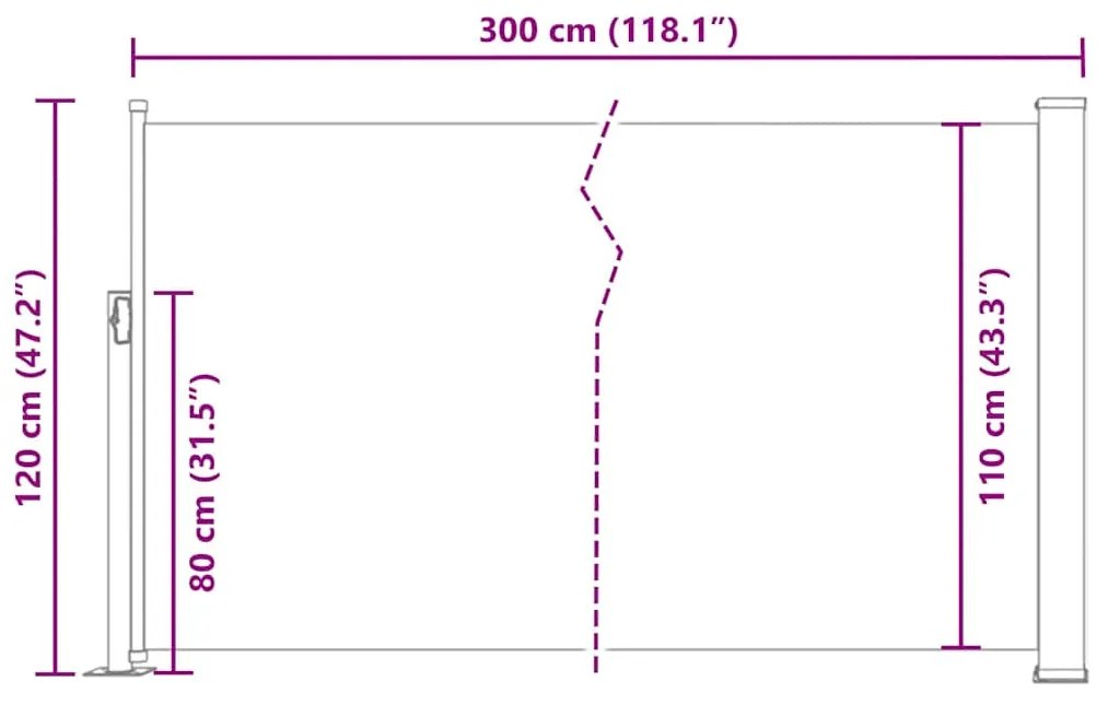 fekete behúzható oldalsó napellenző 120 x 300 cm